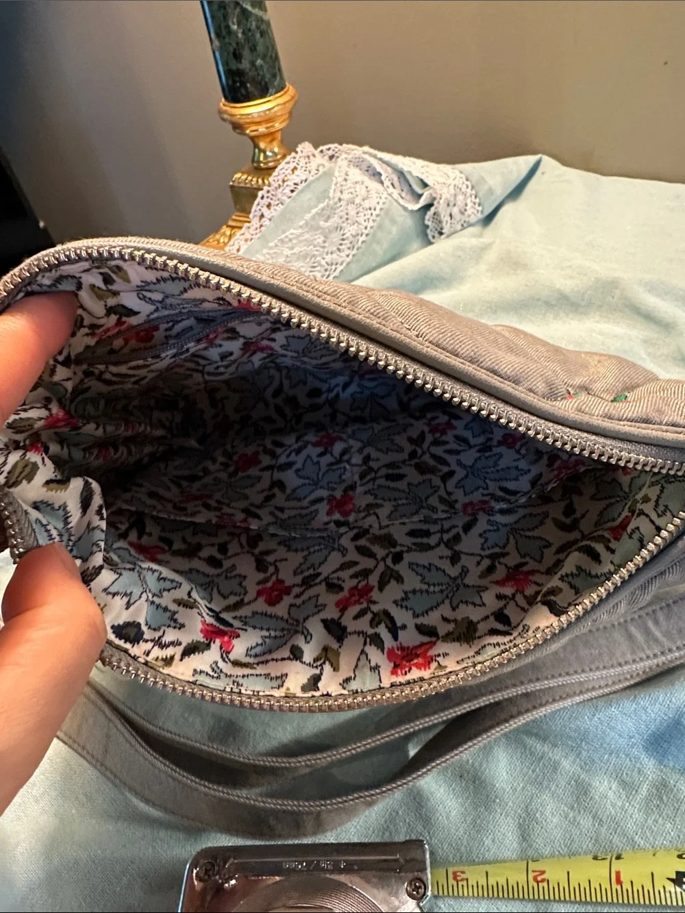 Vera Bradley Quilted Crossbody Bag in Light Gray with Floral Embroidery